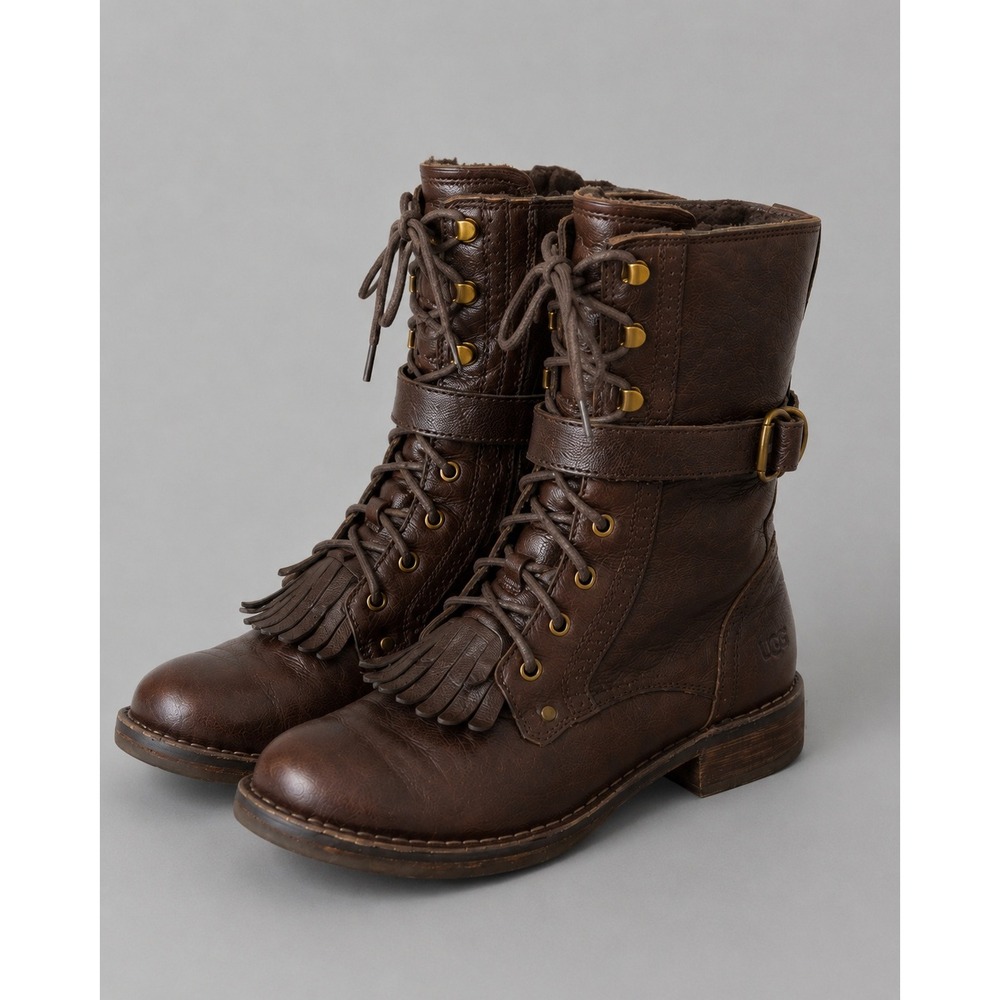 UGG Womens 8.5 Military Kiltie Fringe Combat Boots Brown Leather Moto Biker Boho